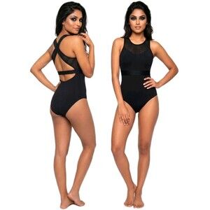 Aja VTG Strappy Crossback Belted Mesh Tank Leotard Black Women's AM Size M